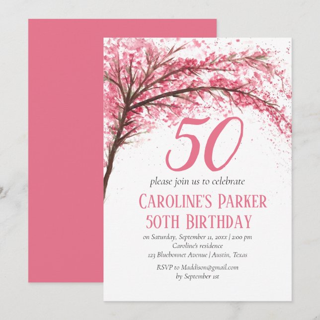 Invitation Fleur de cerise rose pâle 50e anniversaire Floral (Devant / Derrière)
