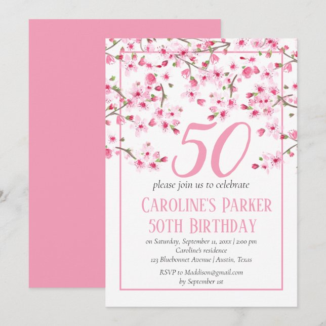 Invitation Fleur de cerise rose pâle 50e anniversaire Floral (Devant / Derrière)