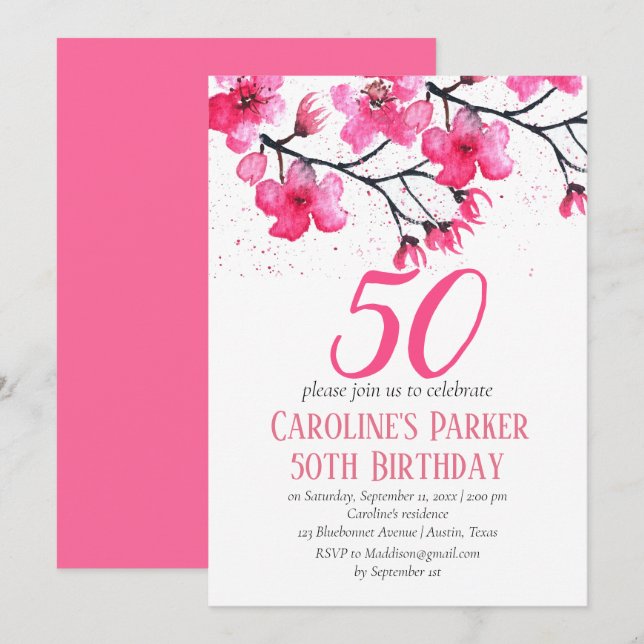 Invitation Fleur de cerise rose pâle 50e anniversaire Floral (Devant / Derrière)