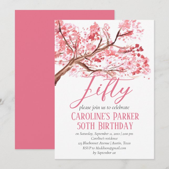 Invitation Fleur de cerise rose pâle 50e anniversaire Floral (Devant / Derrière)