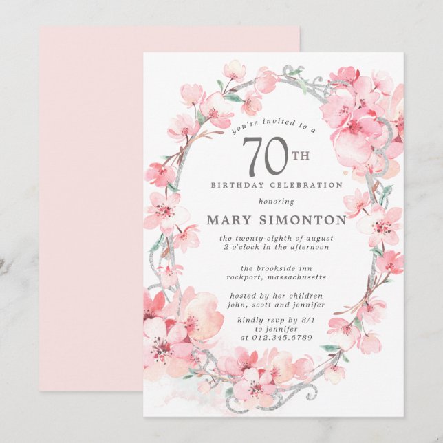 Invitation Fleur de cerise rose pâle 70e anniversaire (Devant / Derrière)
