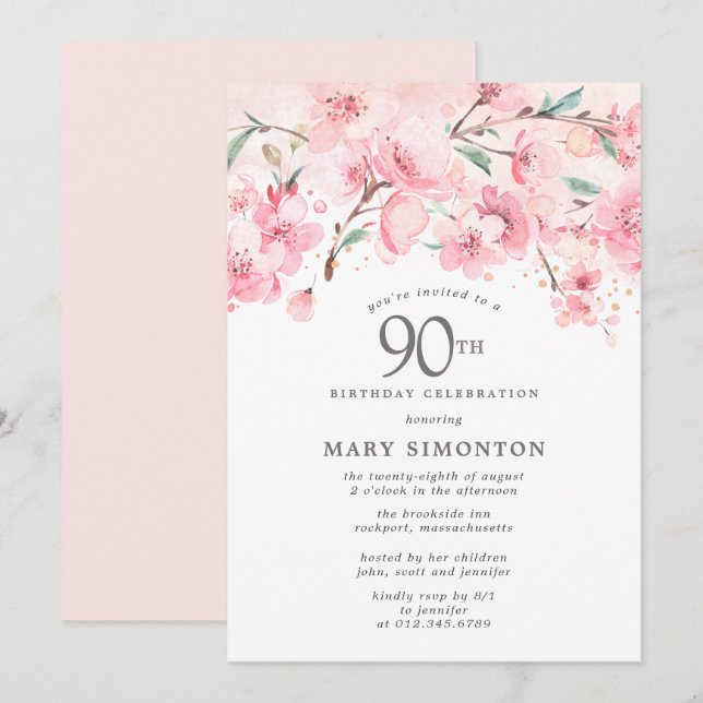 Invitation Fleur de cerise rose pâle 90e anniversaire (Devant / Derrière)