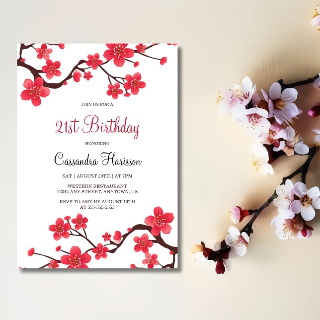 Invitation Fleur de cerise rouge florale Sakura 21e anniversa (Créateur téléchargé)