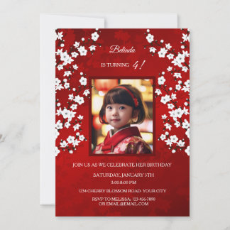 Invitation Fleur de cerisier blanc rouge | Photo Anniversaire