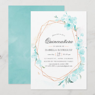 Invitation Fleur de cerisier bleue géométrique Quinceañera de