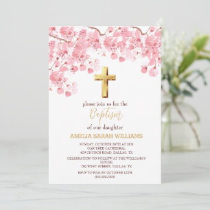 Invitation Fleur de cerisier Floral Élégant Croix Fille Baptê