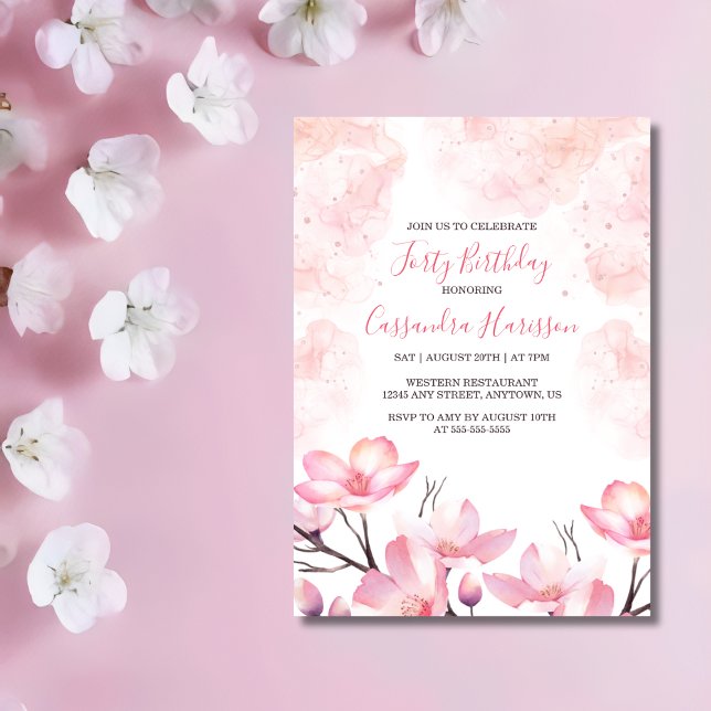 Invitation Fleur de cerisier moderne Pink Splash Anniversaire (Créateur téléchargé)