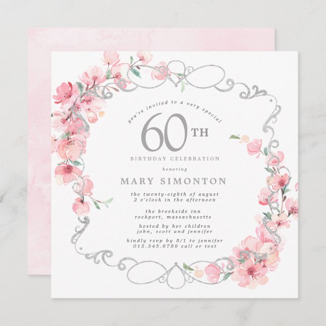 Invitation Fleur de cerisier rose 60e anniversaire (Devant / Derrière)