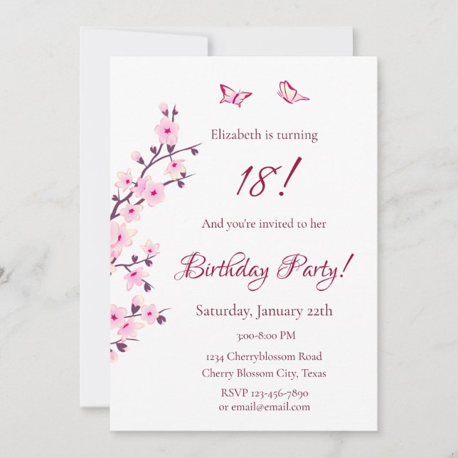 Invitation Fleur de cerisier rose Anniversaire (Devant)