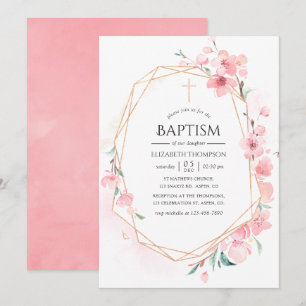 Invitation Fleur de cerisier rose géométrique baptême