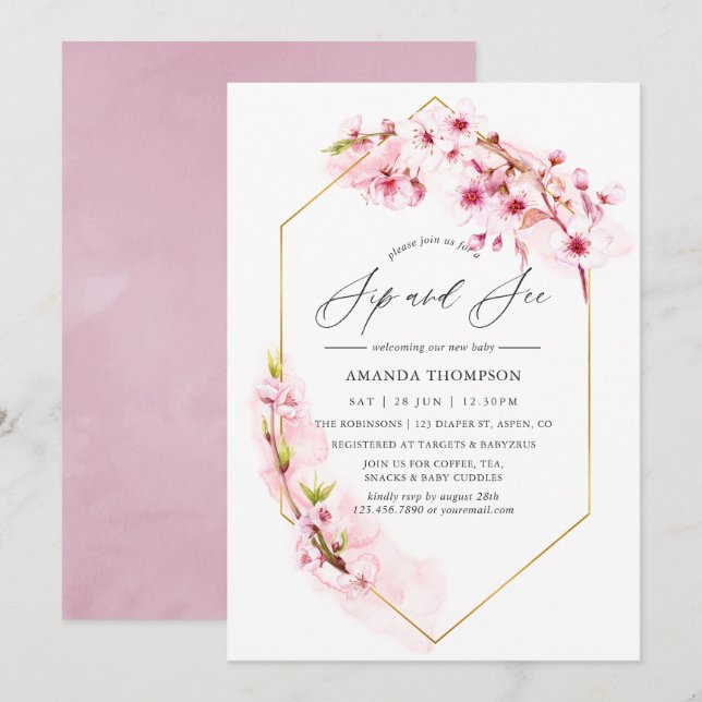 Invitation Fleur de cerisier rose géométrique Sip et voir la  (Devant / Derrière)