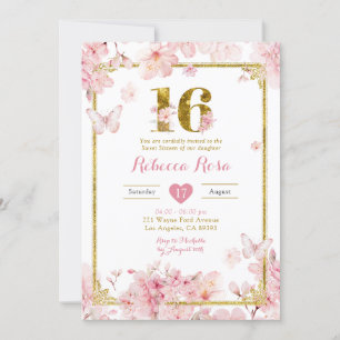 Invitation Fleur de cerisier rose or Fille Florale Sweet 16