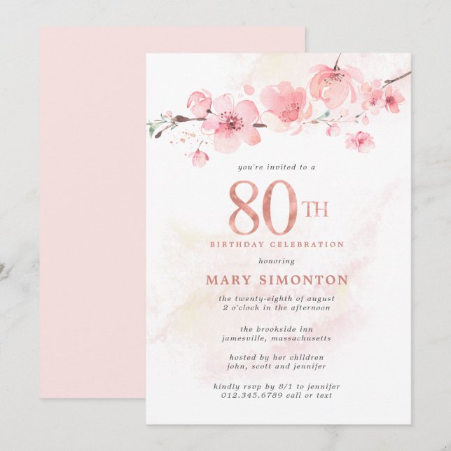 Invitation Fleur de cerisier rose pâle pour 80e anniversaire (Devant / Derrière)