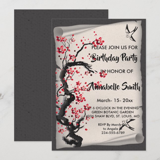 Invitation Fleur de cerisier vintage (Devant / Derrière)
