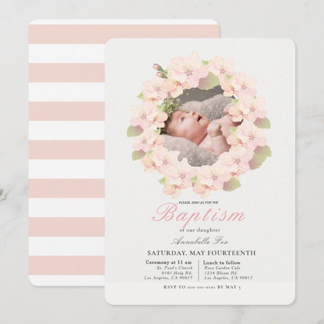 Invitation Fleur de cerisier Wreath Floral Girl Photo Baptême (Devant / Derrière)