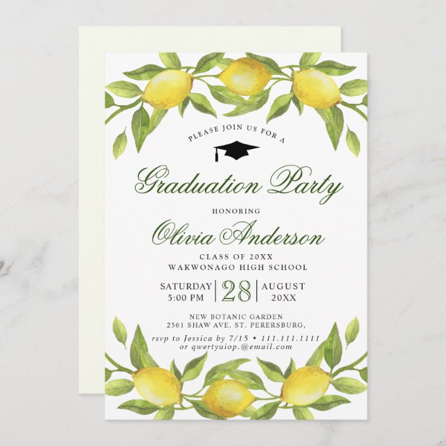 Invitation Fleur de citrons Verdure Chic Graduation Party (Devant / Derrière)