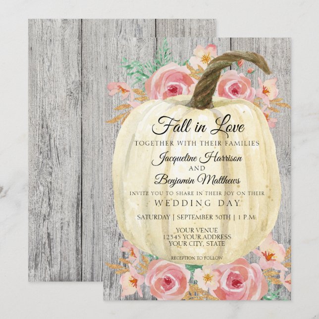 Invitation Fleur de citrouille blanche aquarelle rustique sur (Devant / Derrière)