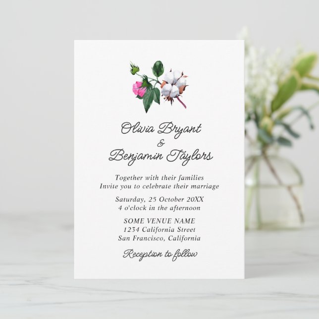 Invitation Fleur de coton en fleurs. Mariage rustique élégant (Debout devant)