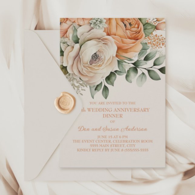 Invitation Fleur de Crème Orange Pêche 25e Anniversaire (Peach and cream-colored 25th wedding anniversary dinner party invitation)