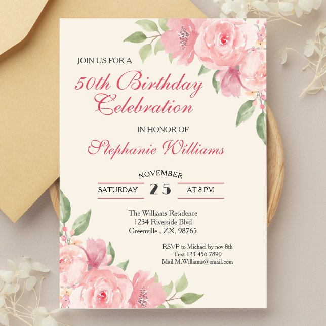 Invitation Fleur de femme Élégante Rose 50ème anniversaire (Créateur téléchargé)