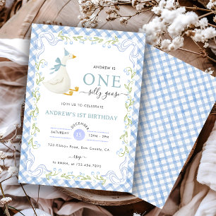 Invitation Fleur de gingham bleu, une oie idiote pour un 1er