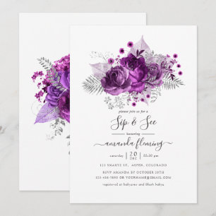 Invitation Fleur de gouache prune et argent Sip and See