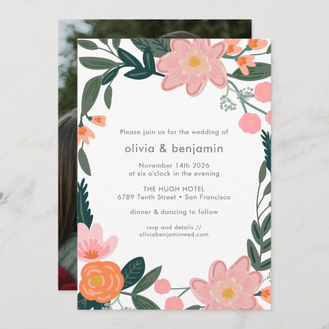 Invitation Fleur de jardin rose et vert Mariage été (Devant / Derrière)