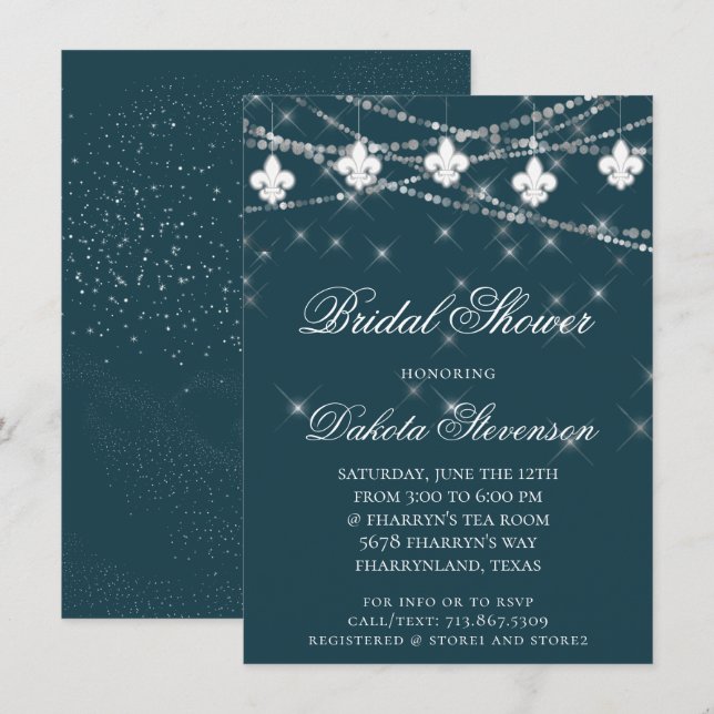 Invitation Fleur de Lis | Fête des mariées bleue marine (Devant / Derrière)