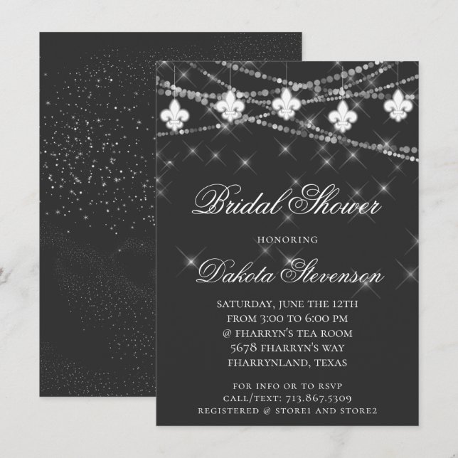 Invitation Fleur de Lis | Fête des mariées gris charbon (Devant / Derrière)