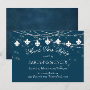 Invitation Fleur de Lis Lumières Bleu Marine   Fiançailles Ru