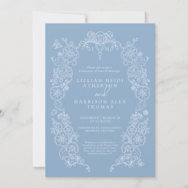 Invitation Fleur de lis mariage bleu poussiéreux blanc (Devant)