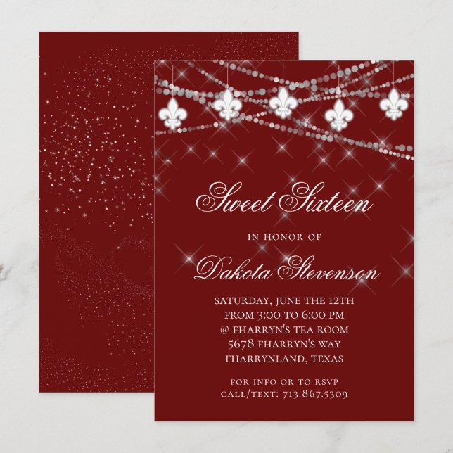 Invitation Fleur de Lis | Red Theme Sweet 16 Party (Devant / Derrière)