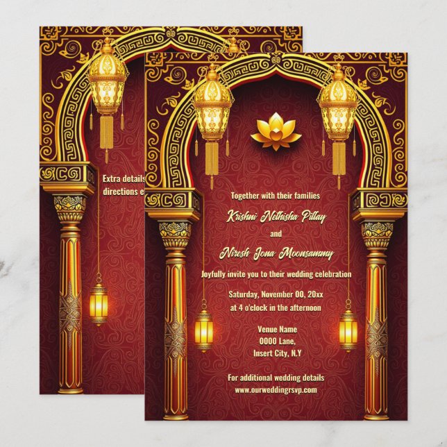 Invitation Fleur de lotus d'or rouge éléphants indiens élégan (Devant / Derrière)
