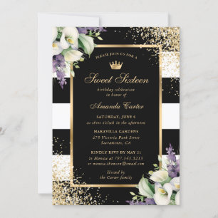 Invitation Fleur de Lys Blanche Callale Or Noir Anniversaire 