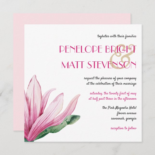 Invitation Fleur De Magnolia Rose En Fleur Mariage (Devant / Derrière)