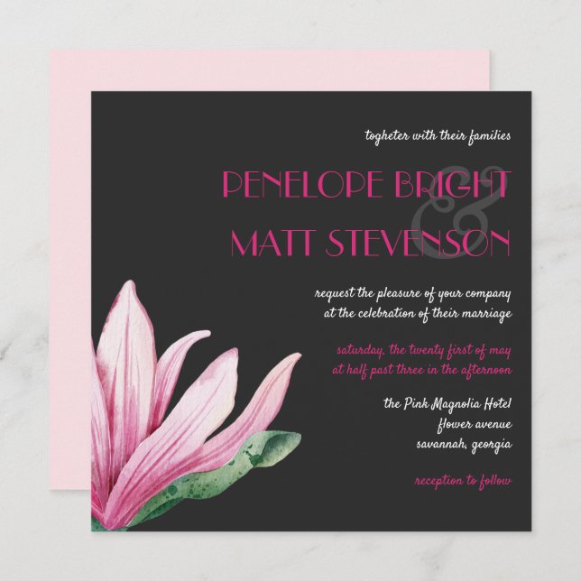 Invitation Fleur De Magnolia Rose En Fleur | Mariage gris (Devant / Derrière)