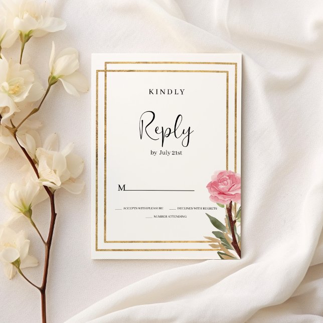 Invitation Fleur de menthe rose or blanc géométrique RSVP (Geometric white gold pink mint flower RSVP)