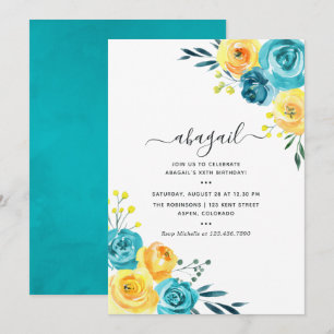 Invitation Fleur de naissance à l'aquarelle turquoise et jaun