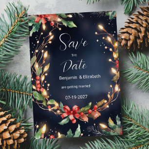 Invitation Fleur de Noël bleu rouge wreathe Save the Date