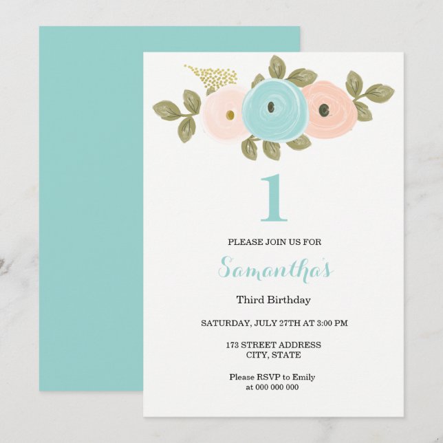 Invitation Fleur de Pêche turquoise Fille ou garçon 1er fête  (Devant / Derrière)