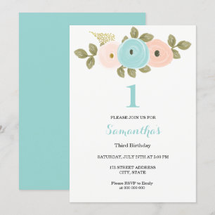 Invitation Fleur de Pêche turquoise Fille ou garçon 1er fête 