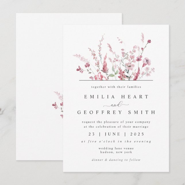 Invitation Fleur de prairie sauvage Dusty Rose rose Mariage m (Devant / Derrière)