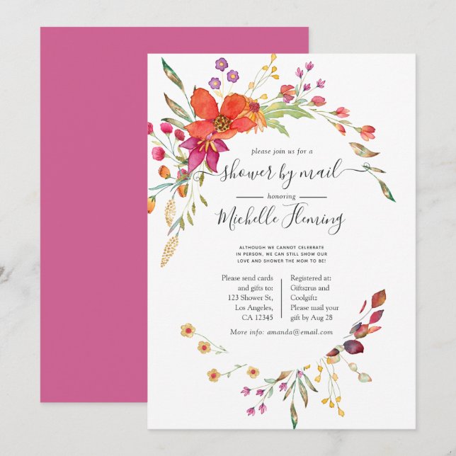 Invitation Fleur de printemps d'aquarelle Baby shower par cou (Devant / Derrière)