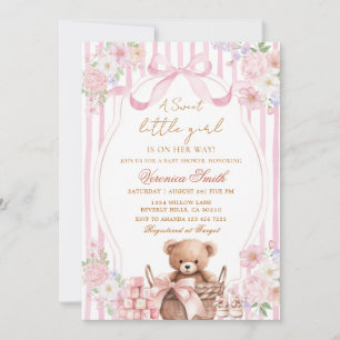 Invitation Fleur de rose à rayures rose ours bébé douche
