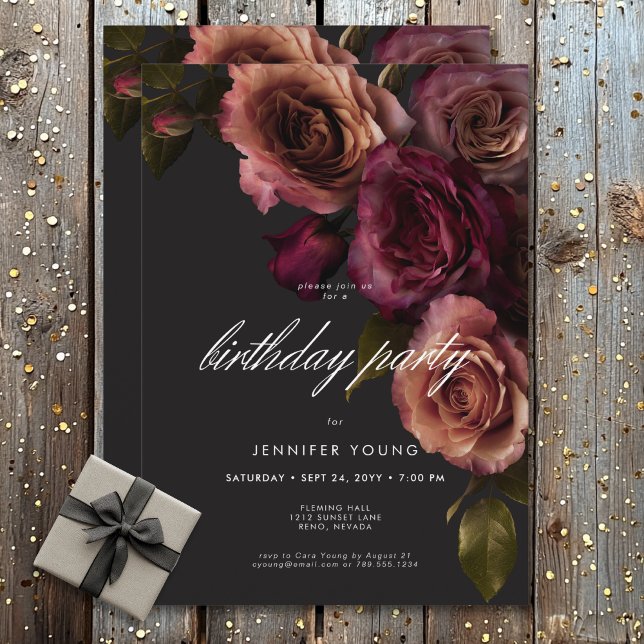 Invitation Fleur de Rose de rouille de Bourgogne foncé (Dark Moody Burgundy Rust Rose Blooms Birthday Invitation)