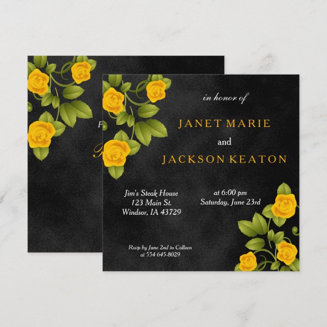 Invitation Fleur de rose jaune noire et marigold (Devant / Derrière)