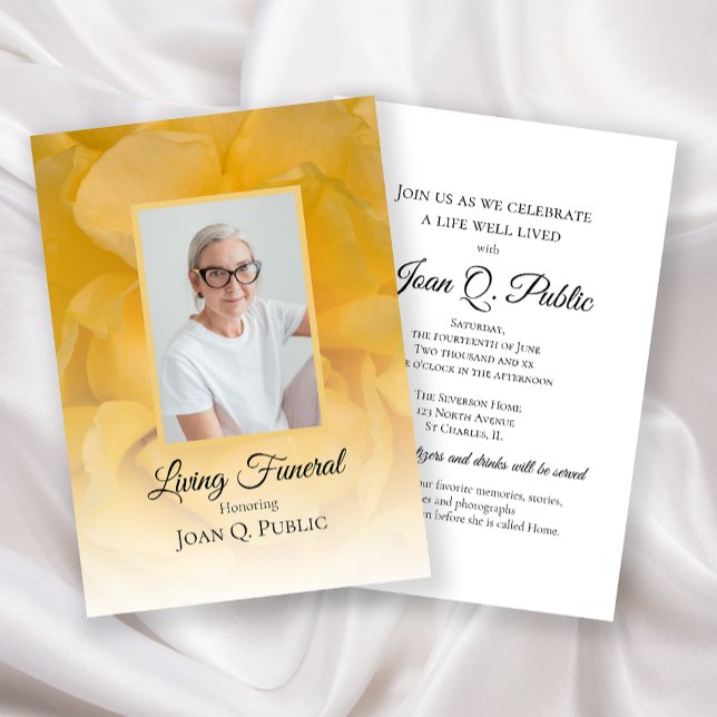 Invitation Fleur de rose jaune Pétales Vivant Fête funéraire (Créateur téléchargé)
