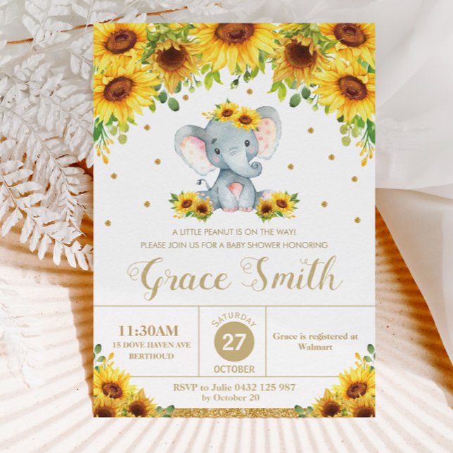 Invitation Fleur de soleil éléphant Baby shower floral fille (Créateur téléchargé)