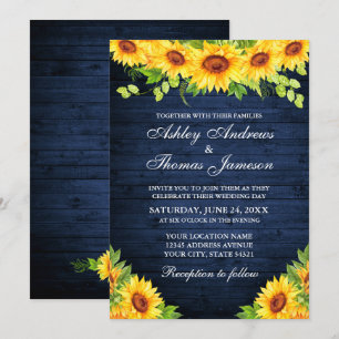 Invitation Fleur de Soleil en Bois Bleu Rustique Vert Floral