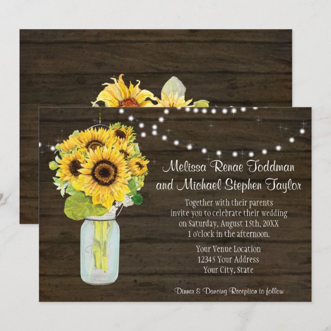 Invitation Fleur de soleil Floral rustique Pays Mason Jar Lum (Devant / Derrière)